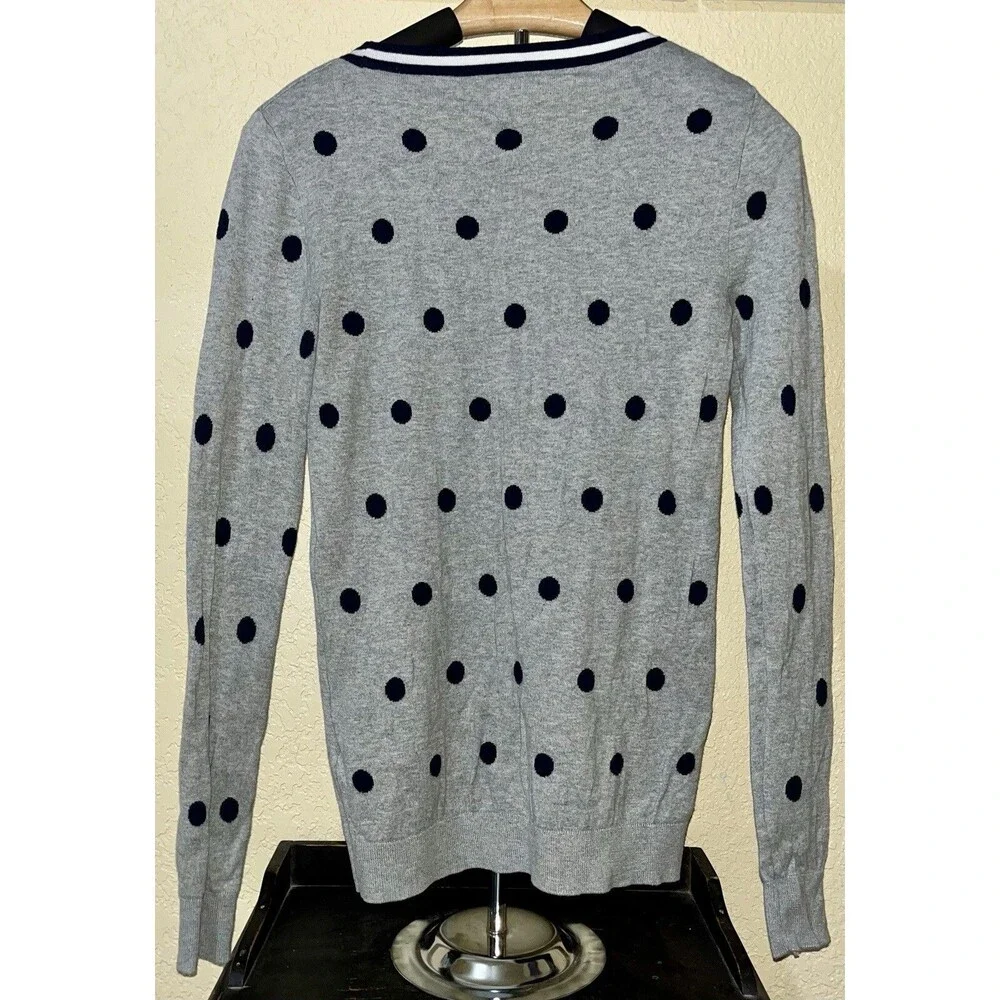 J.Crew Womens Cotton Teddie Sweater Gray Navy Polka Dot Crew Neck Pullover Sz XS